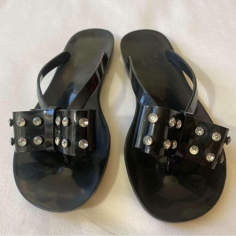 KATE SPADE New York Black Rhinestone Bow Jelly Sandal Slide Flip Flop Slippers